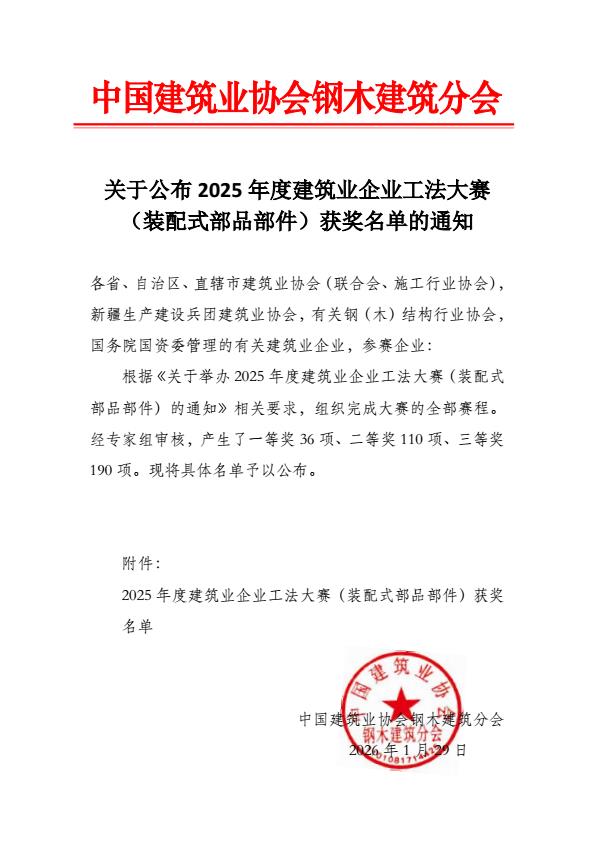 2025年度建筑业企业工法大赛（装配式部品部件）获奖名单的通知