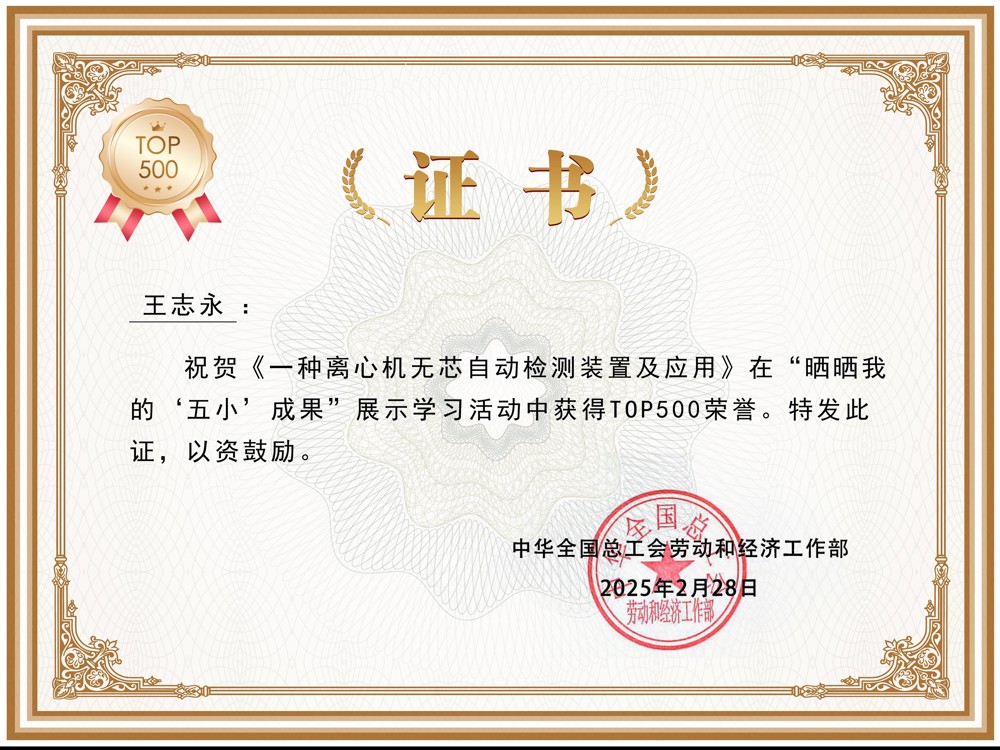 全国职工“五小”创新成果Top500 证书