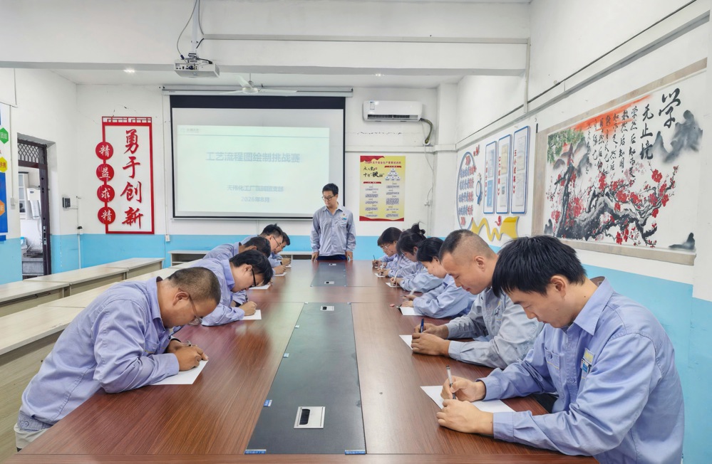 图一、9月1日，天伟化工厂氯碱团支部开展工艺流程图绘制青年技能挑战赛。（俞倩娜摄）