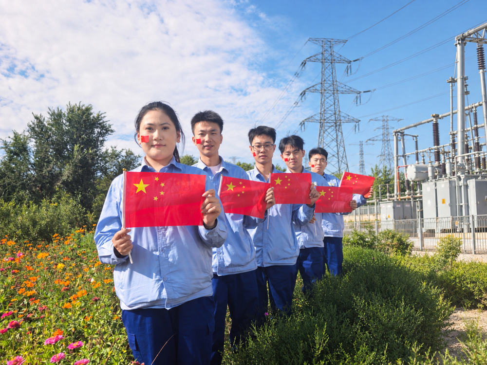 新疆天业能源管理公司职工擎起五星红旗，坚守能源保供一线，以实干担当献礼祖国。